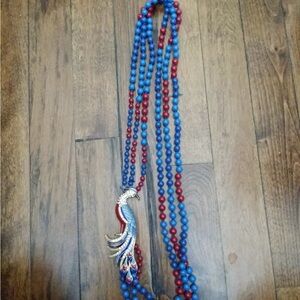 🦚 J. Crew Blue & Red Beaded Necklace with Peacock Pendant